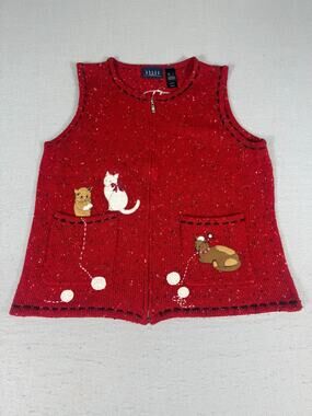 Vintage Crazy Horse Cat Sweater Vest Womens L Red Fleck Full Zip Kittens Yarn